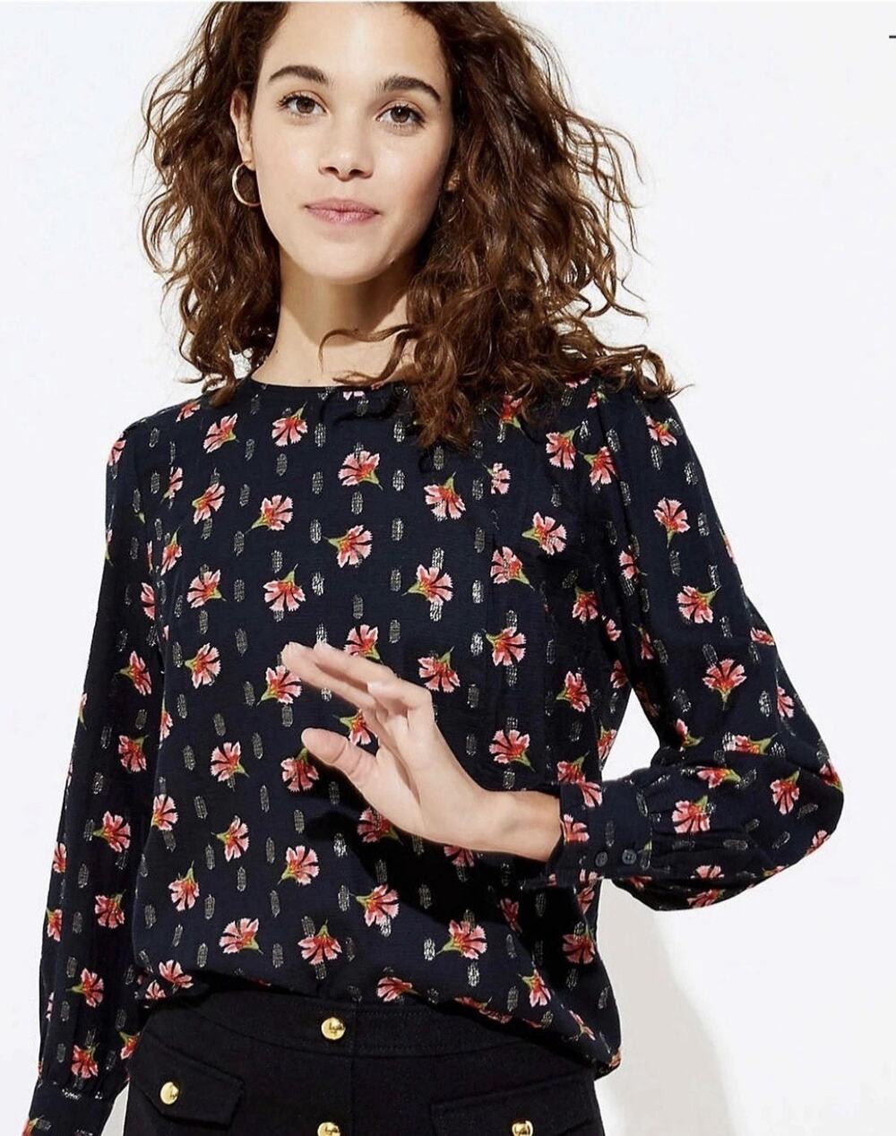 Loft large petite Womens Blouse black Floral Ruffles Career romantic gold boho
